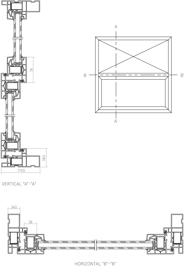Corte vertical y horizontal de una abertura YoungLim de paño fijo y proyectante.